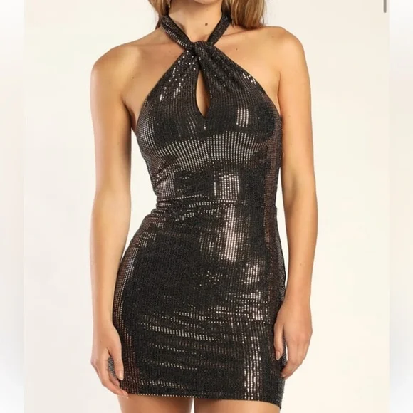Lulus | Dresses | Nwt Lulus Glowing Bombshell Shiny Gold Mini Halter Dress  | Poshmark